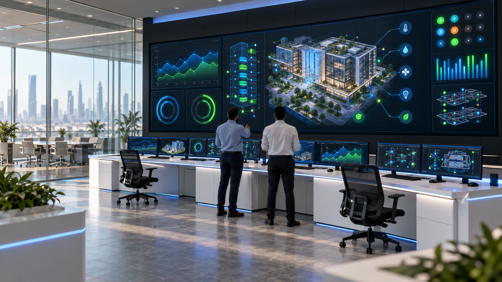 Technicians monitoring smart facilities management dashboards in a modern control room with views of Saudi architecture.