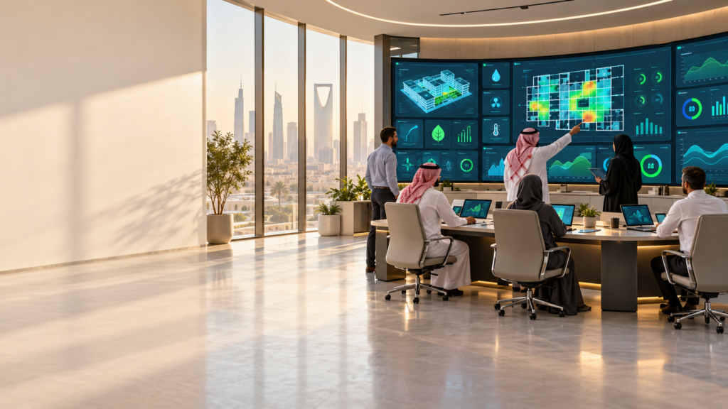 Diverse facilities management team in Riyadh reviewing CAFM dashboard data on large screens in a modern control center.