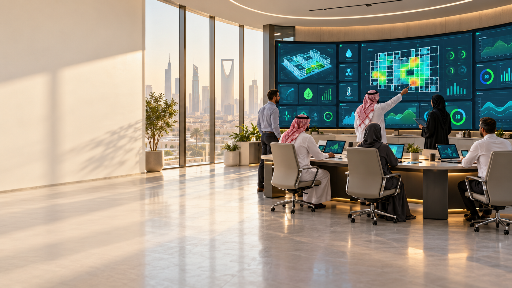 Diverse facilities management team in Riyadh reviewing CAFM dashboard data on large screens in a modern control center.