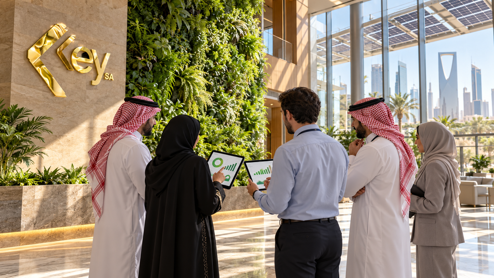 Diverse team of Saudi facilities managers reviewing smart building data in a modern sustainable office lobby.