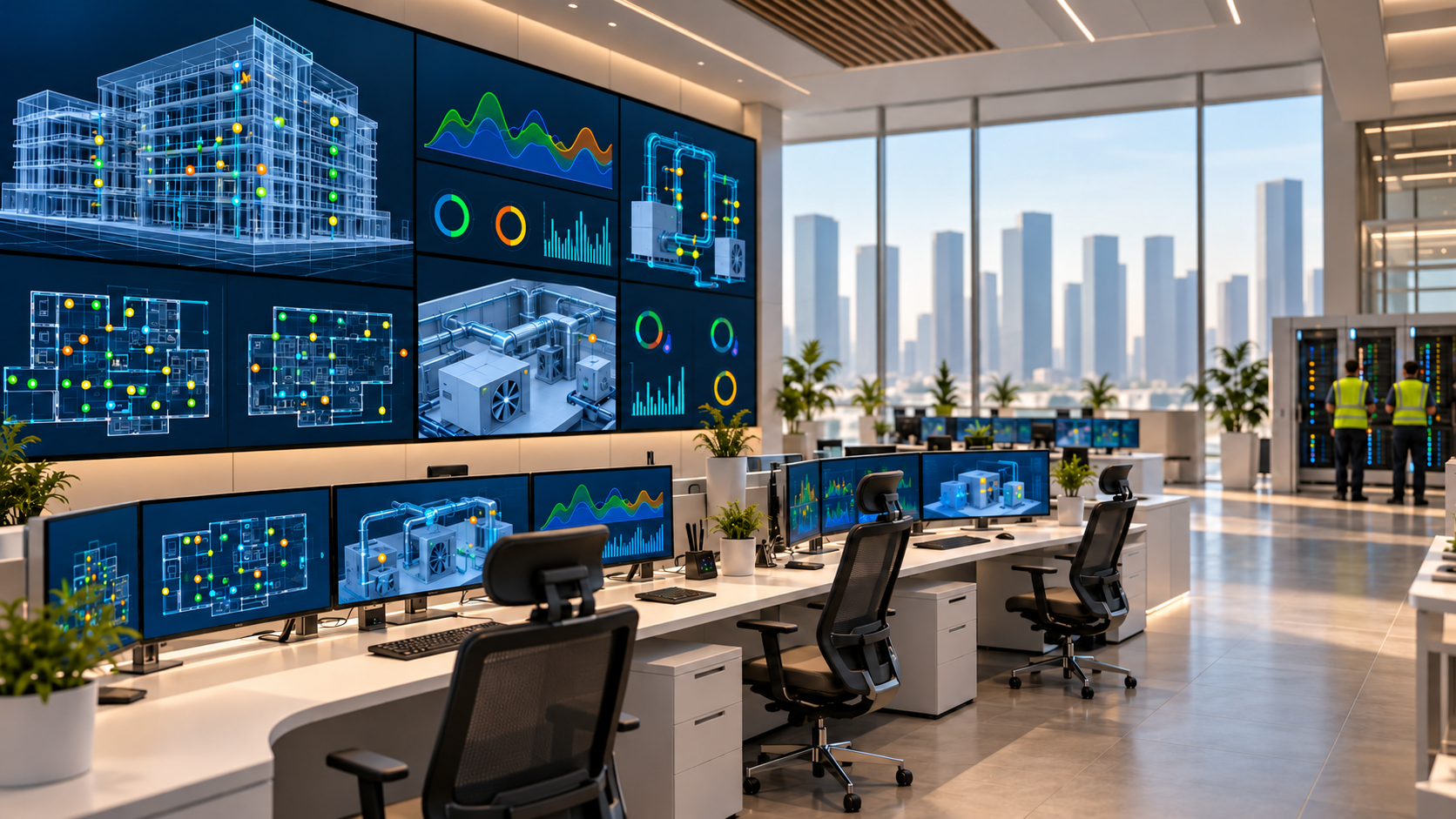 Technicians monitoring hard facilities management systems in a modern control room overlooking the Saudi skyline.