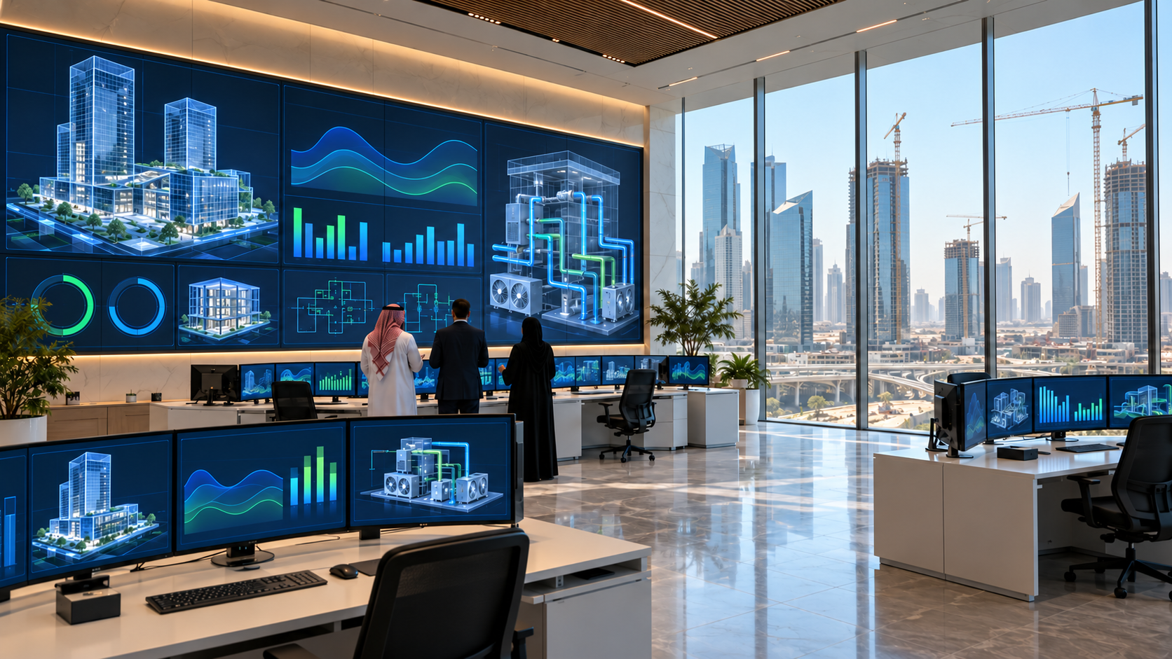 Modern facilities management control room in Saudi Arabia with digital dashboards overlooking a futuristic cityscape.