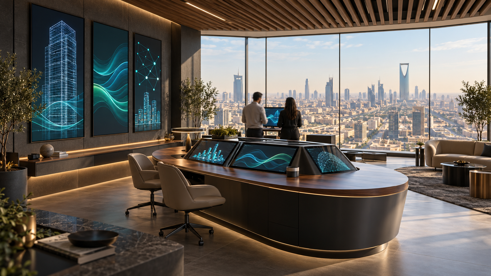 Modern facilities control room overlooking Riyadh skyline with digital dashboards and silhouetted staff from behind